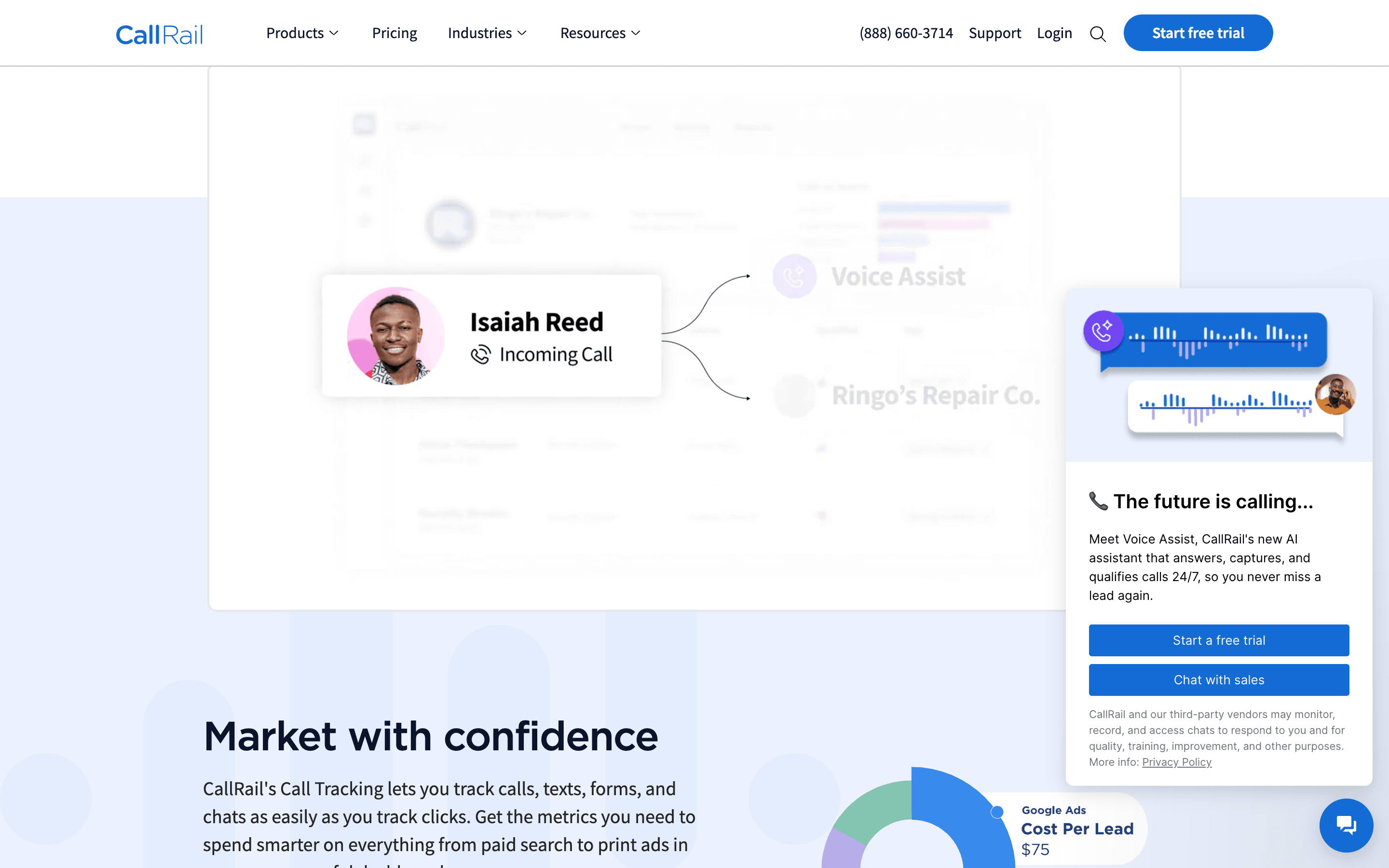 CallRail call tracking dashboard showing incoming calls and cost per lead metrics