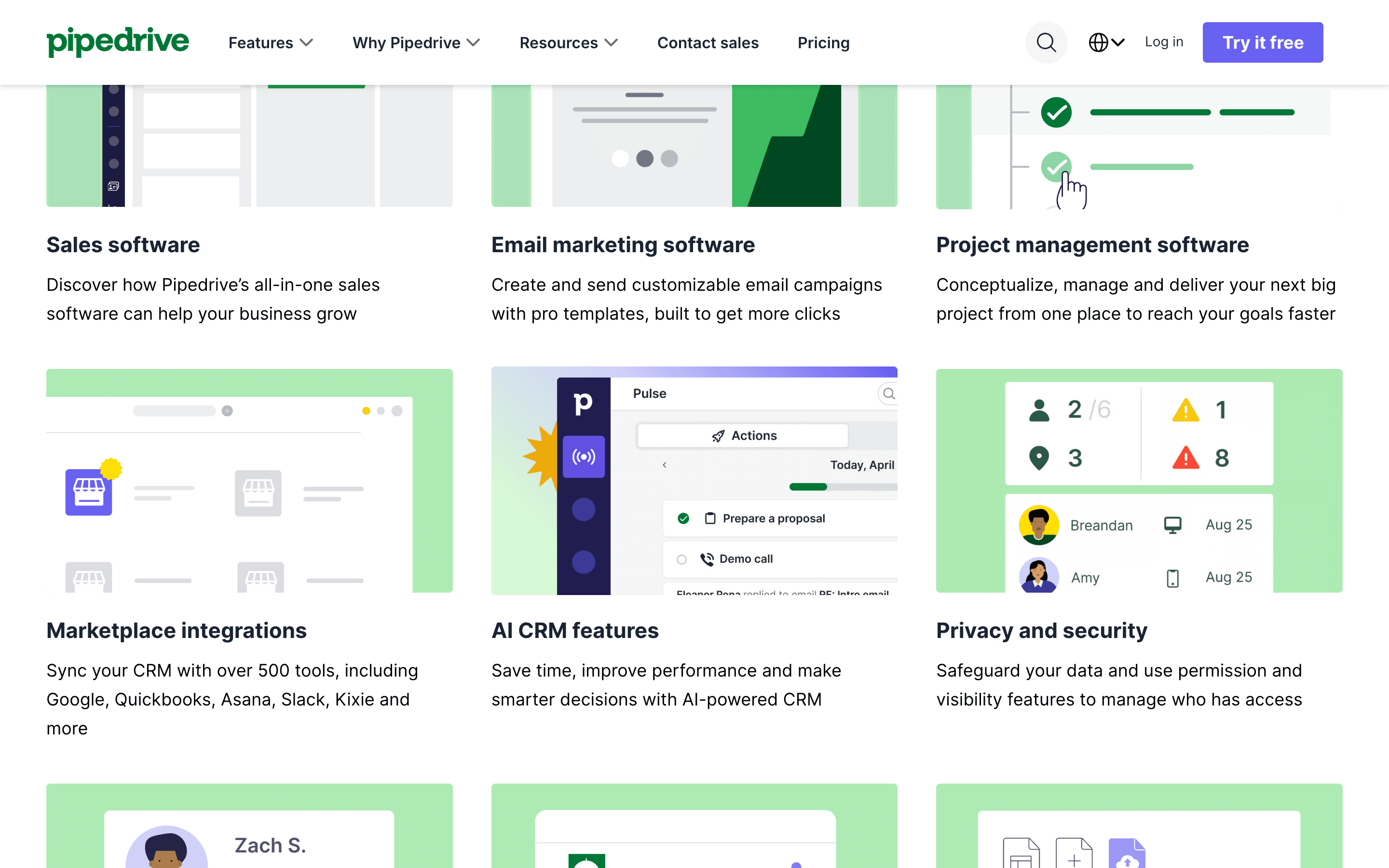 Pipedrive features and products page